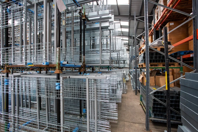 Materials stored on racks inside an industrial warehouse.